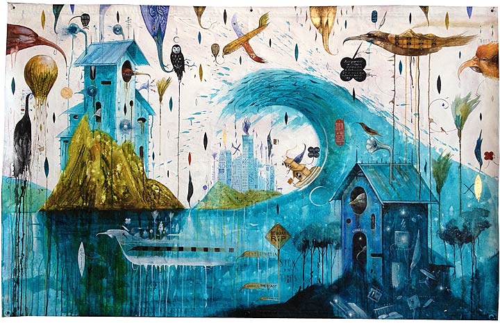 Dean Raybould nz surrealist artist, birds and environmental art, blue colours